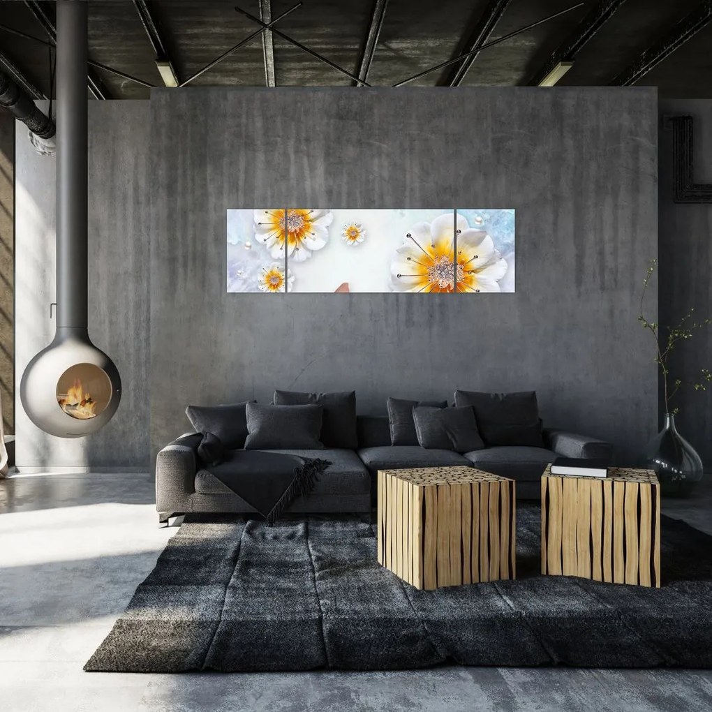 Obraz - Kompozycja z kwiatami i motylami (170x50 cm)