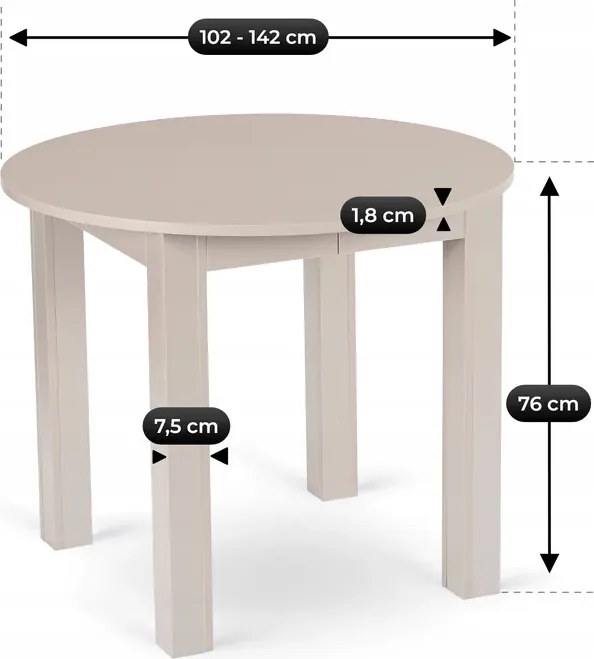 Stół Okrągły Rozkładany HARRY 102-142 cm Kaszmir Japandi