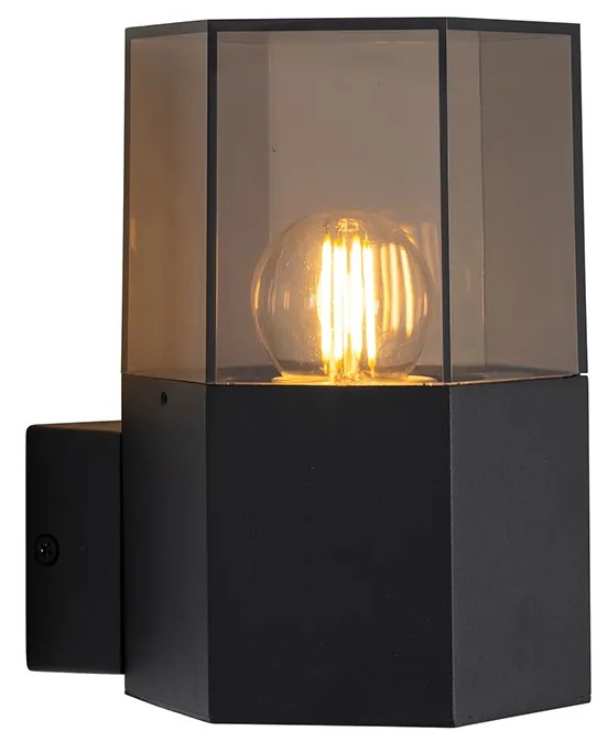 Zewnetrzna Lampa ścienna zewnętrzna czarna z przydymionym szkłem sześciokątna IP44 - Denmark Nowoczesny Oswietlenie zewnetrzne