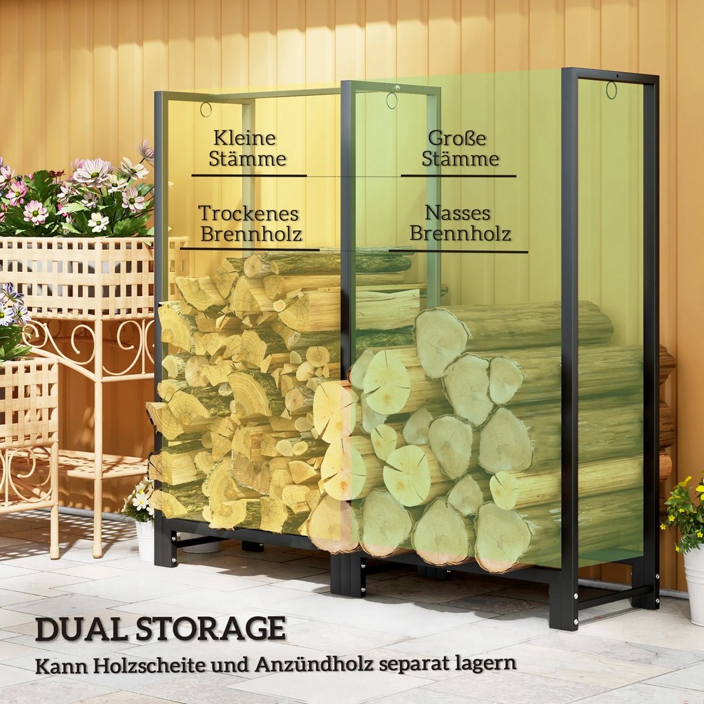 Outsunny Stojak na Drewno Kominkowe, Dwie Sekcje, Rama ze Stali Nierdzewnej, do 200 kg, 123 x 32 x 115 cm, Czarny