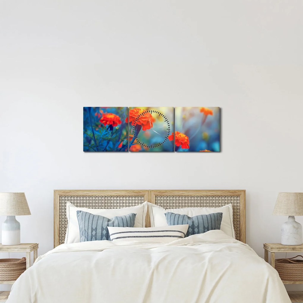 Obraz - Pomarańczowe kwiaty (z zegarem) (90x30 cm)