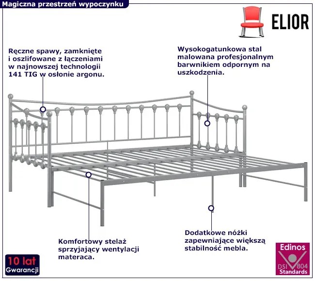 Szare rozkładane łóżko metalowe 90x200 cm - Sawga