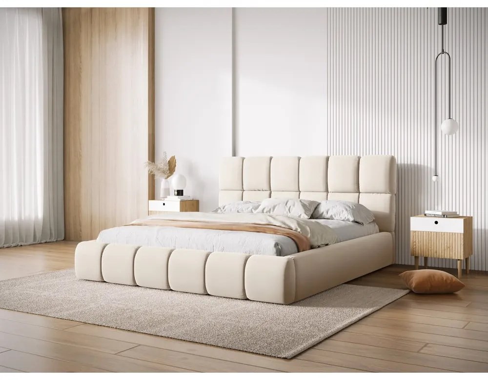 Kremowe aksamitne tapicerowane łóżko dwuosobowe ze schowkiem i stelażem 200x200 cm Bellis – Micadoni