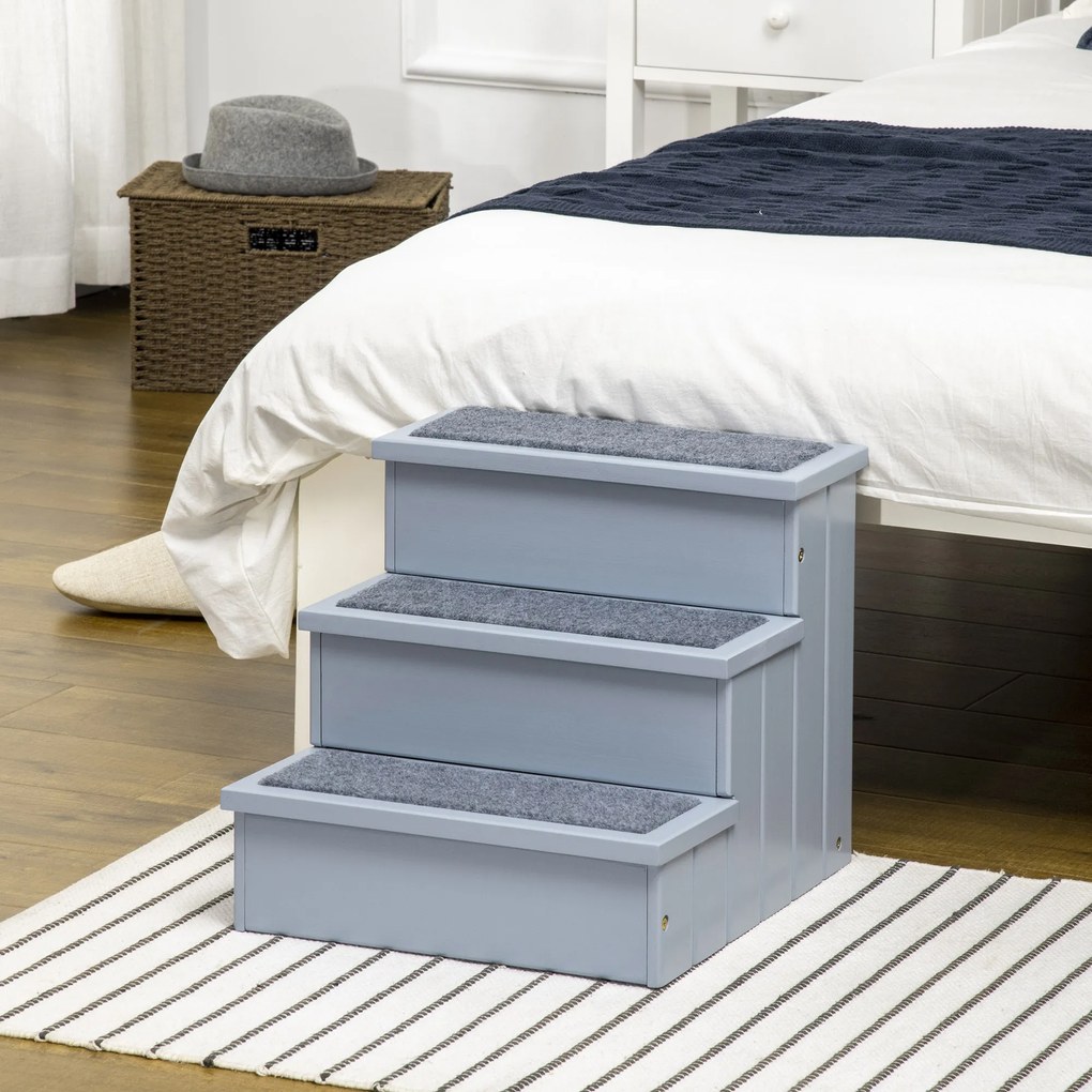 PawHut Schody dla Zwierząt Domowych z Dywanikiem Schowek Drewno Sosnowe Szary 405x445x38 cm | Aosom PL