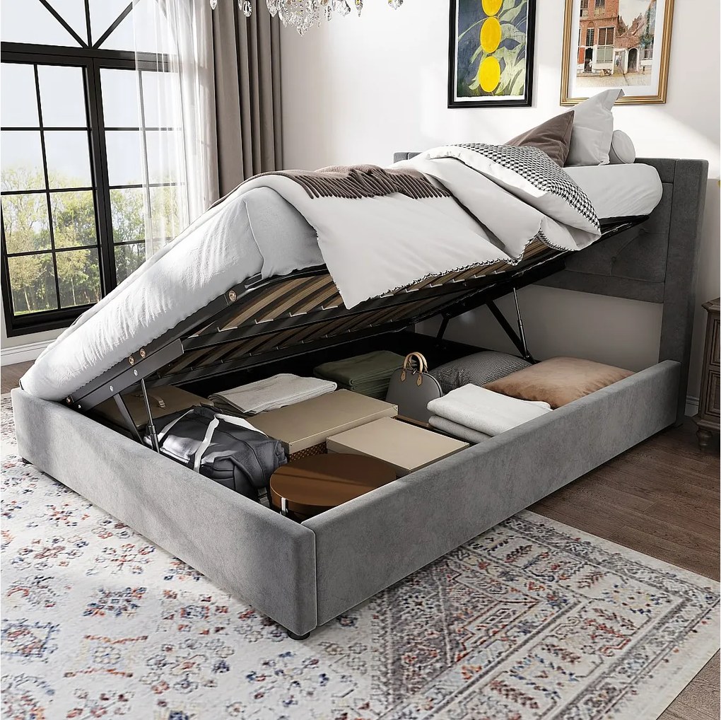 Łóżko z pojemnikiem 140x200 cm - Łóżko dla dorosłych z tapicerowanym zagłówkiem i stelażem - Styl Chesterfield - szary aksamit
