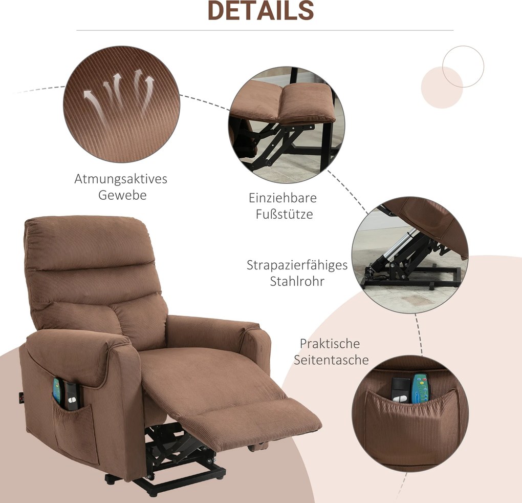 HOMCOM Fotel telewizyjny z masażem i ogrzewaniem funkcja pomoc przy wstawaniu jasnobrązowy 79x97x103 cm | Aosom PL