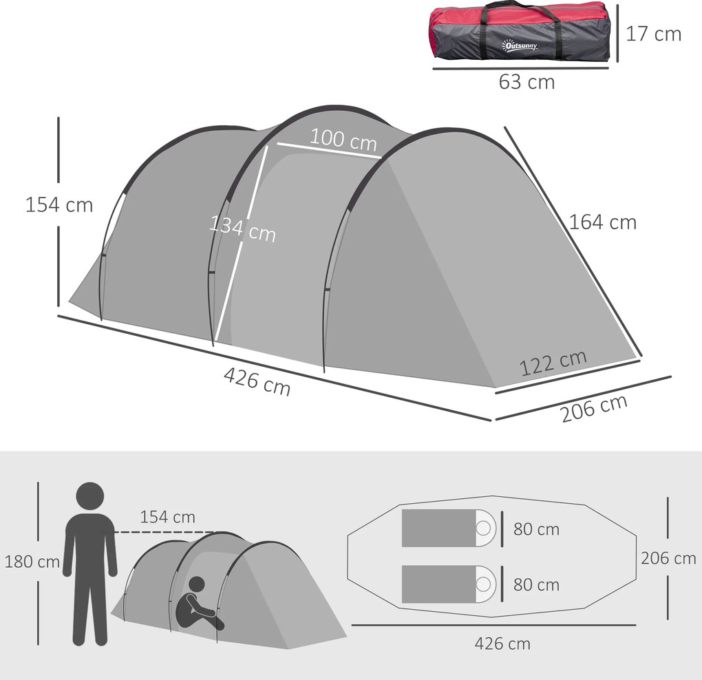 Outsunny Namiot Kempingowy 2-3 osoby Wyrzucany Przedsionek Strefa snu Wodoszczelny 426x206x154 cm Szary | Aosom PL