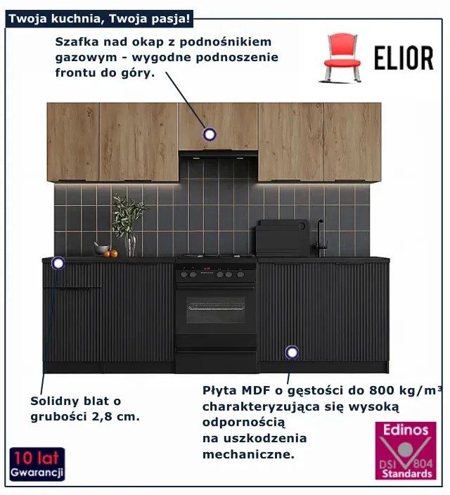 Komplet mebli kuchennych z blatem dąb artisan + czarny  B2-D26
