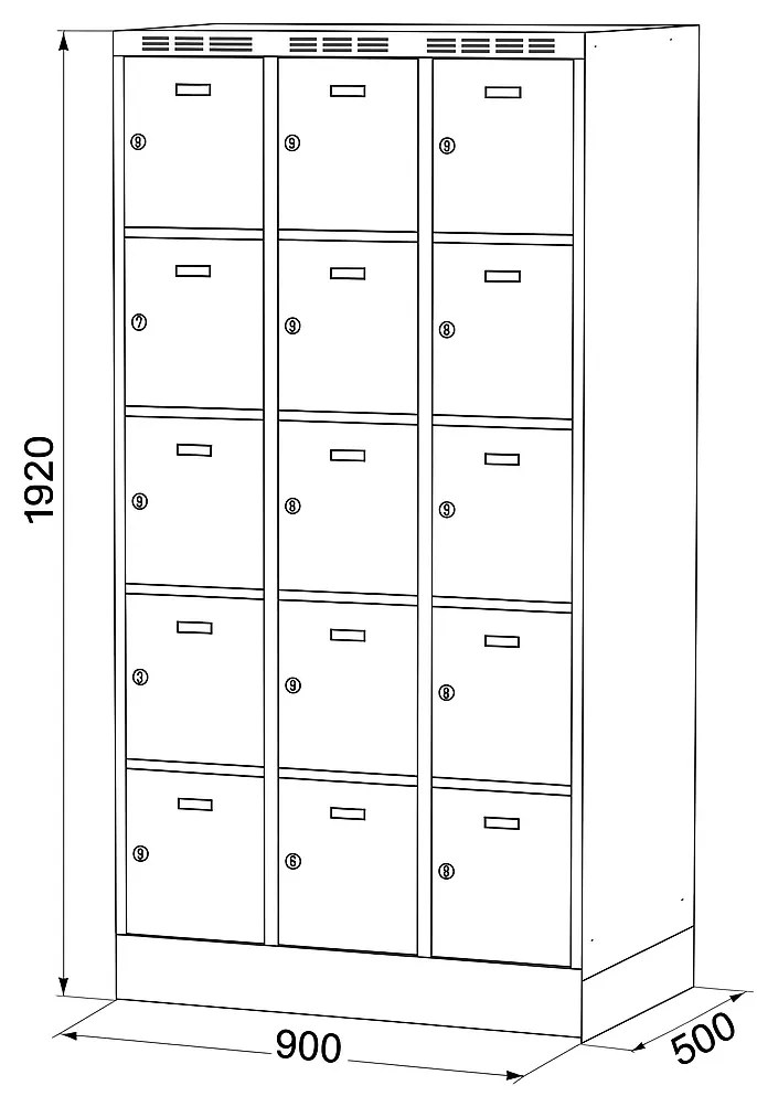 Alfa 3 Szafka skrytkowa S6 na cokole, 15 schowków, 1920 x 900 x 500 mm, zamek obrotowy, drzwi ciemnoszare