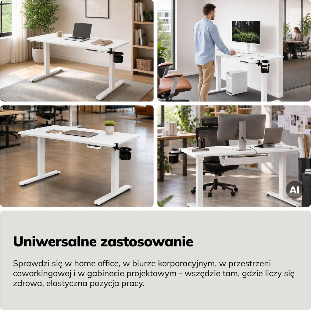 Biurko elektryczne z regulacją wysokości ergonomiczne białe,1200x600 mm: ARIA