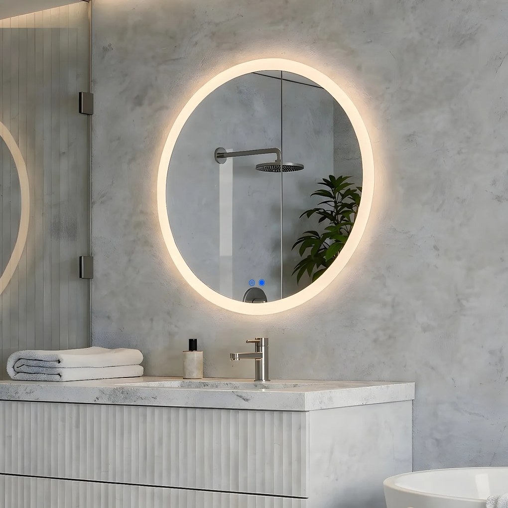 Lustro okrągłe LED do łazienki 60 cm z Dual Color, włącznikiem dotykowym i matą grzewczą