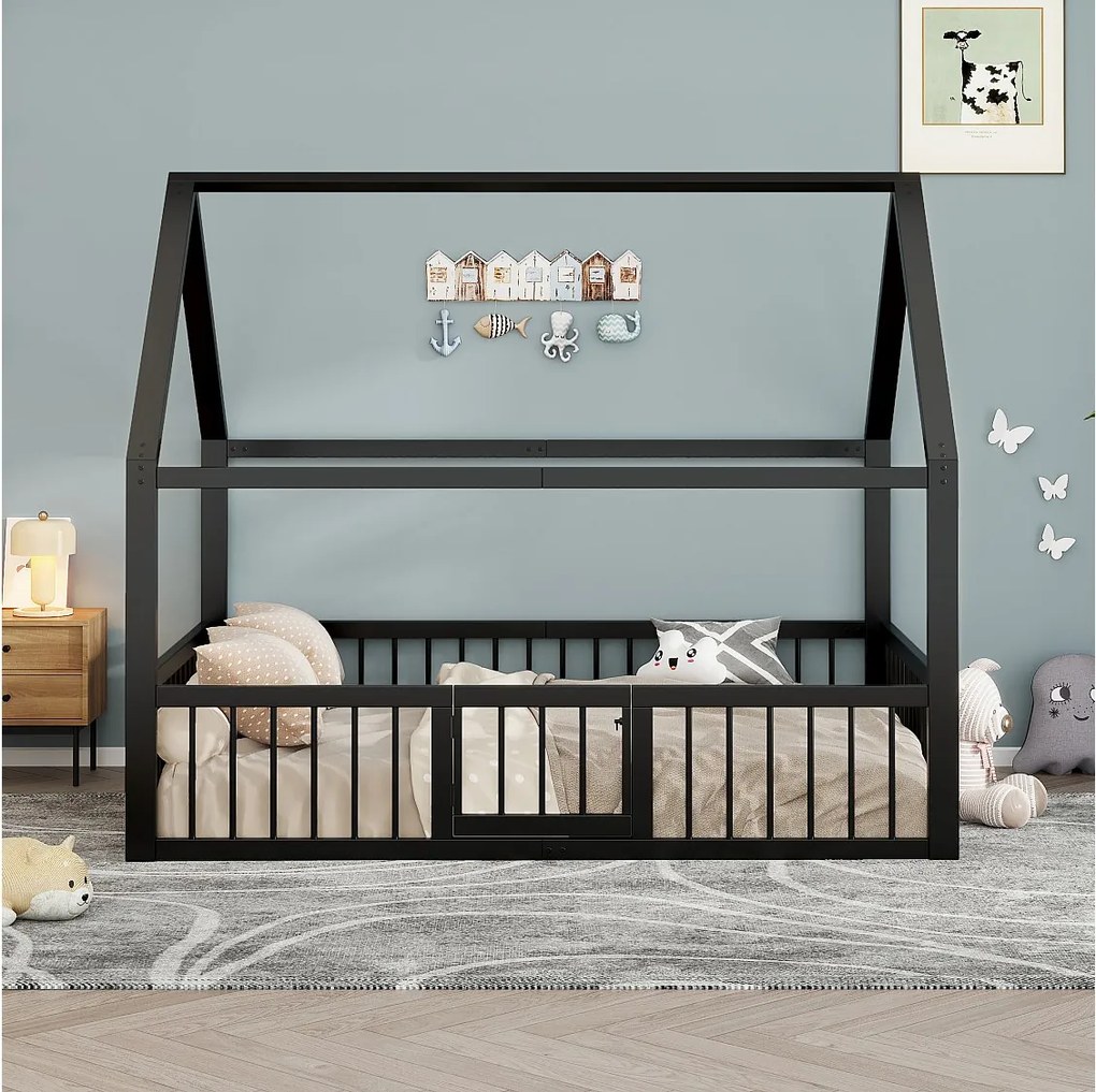 Łóżko metalowe płaskie dla dzieci - 140 x 200 cm - z baldachimem + barierkami + drzwi - czarne