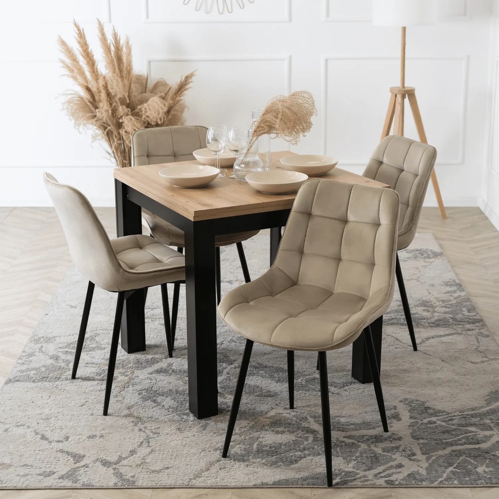Zestaw Stół Kwadratowy Rozkładany MAX 80-160 cm Dąb Craft/Czarny i 4 Krzesła Tapicerowane CHRIS Beżowe Nowoczesne