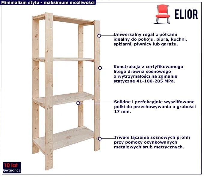 Drewniany regał z 4 półkami  - Sander