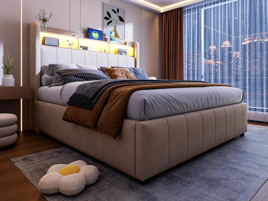Lniane wyściełane łóżko skrzyniowe ze schowkiem 140x200cm - z LED + gniazdkami - Beżowe