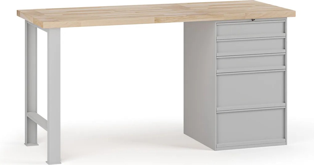 Stół warsztatowy G7, blat bukowy, 1700 x 685 x 840 mm, 1x kontener, 5x szuflada, szary
