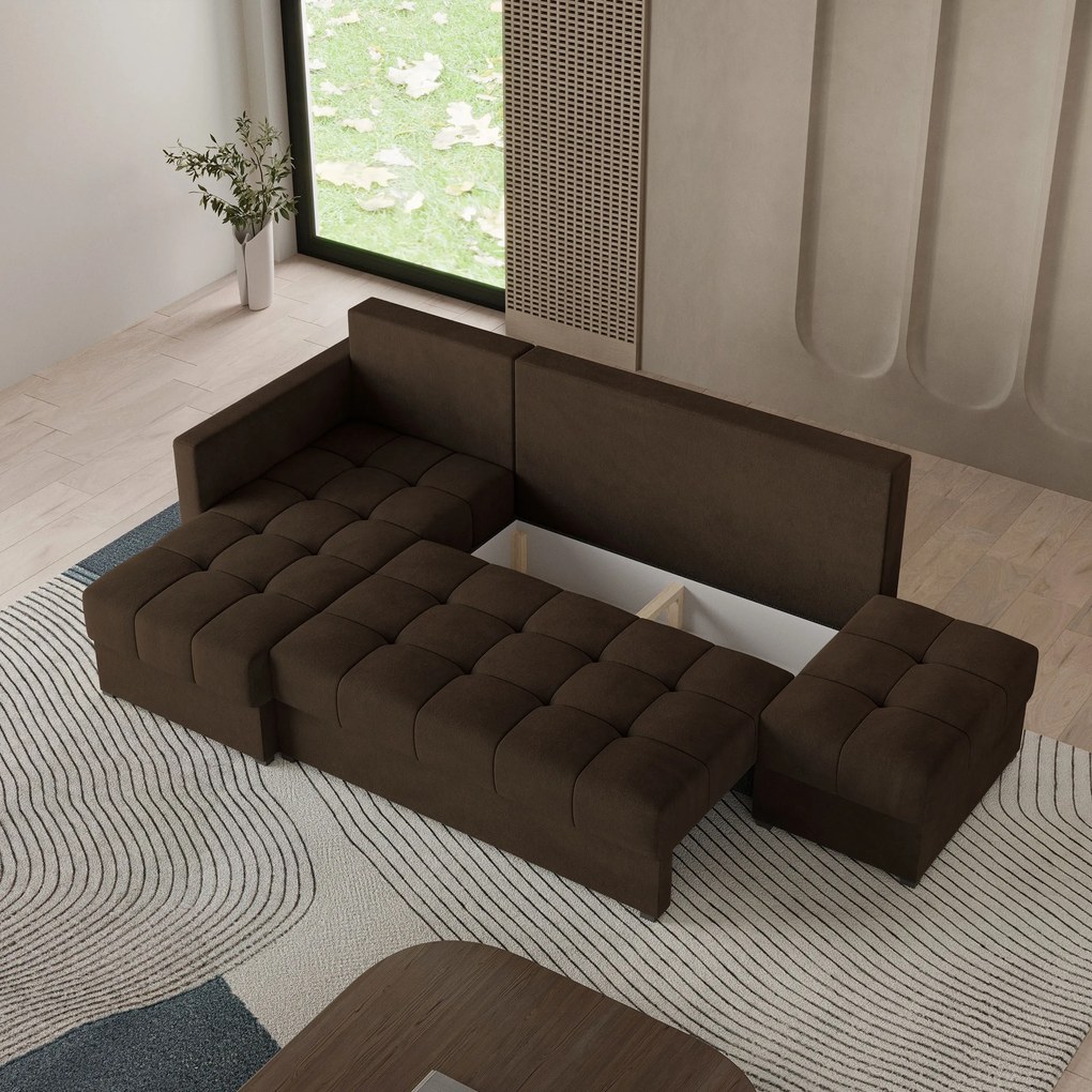 Masseno Narożnik LUMARI z funkcją spania i pojemnikiem na pościel Narozniki L, Rozkładana sofa - Brązowy, KRONOS 06