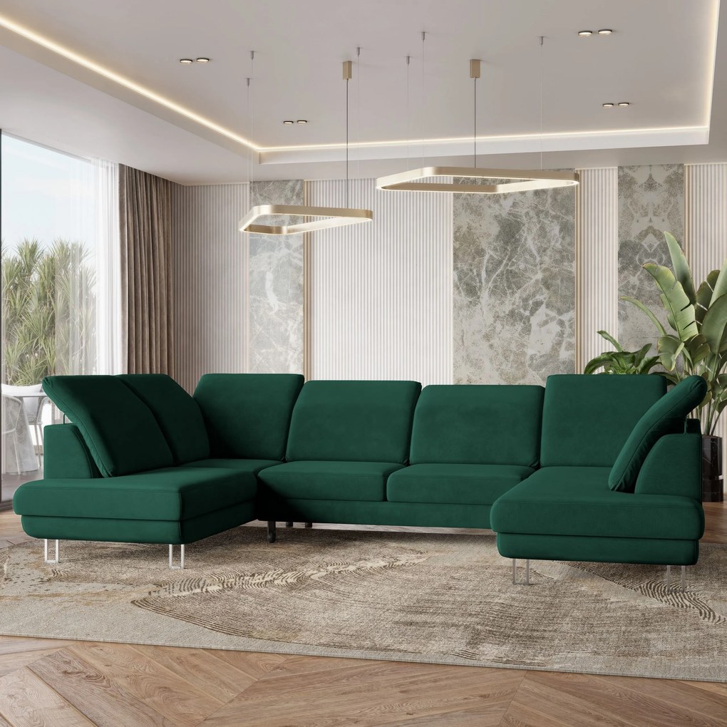 Masseno Narożnik TERAMO z funkcją spania i pojemnikiem na pościel Narozniki U, Rozkładana sofa - Butelkowa zieleń, MONOLITH 37