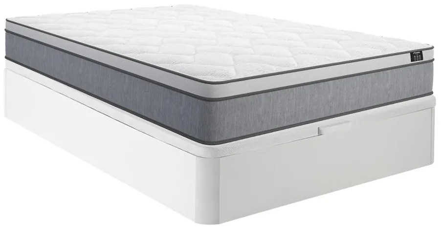 Zestaw 140 x 190 cm stelaż ze skrzynią biały + materac o grub. 22 cm ze sprężynami kieszeniowymi - SERENITE marki YSMÉE