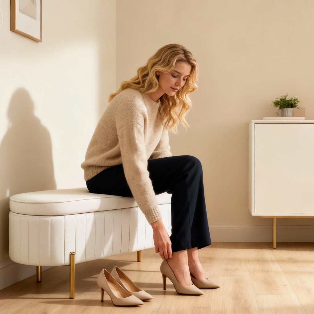 HOMCOM Ławka z klapą i schowkiem, materiał pokryty, metal, Kremowy + Złoty