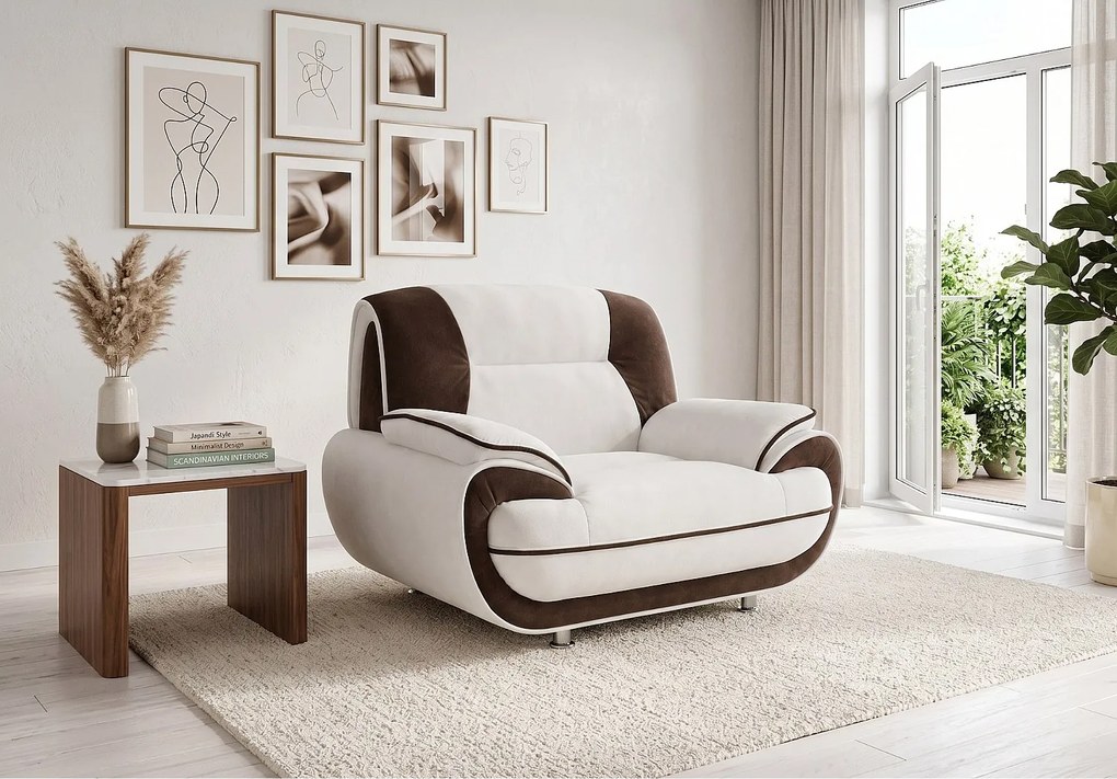 Fotel PALERMO – elegancki fotel do salonu w tkaninie KRONOS biało- brązowej