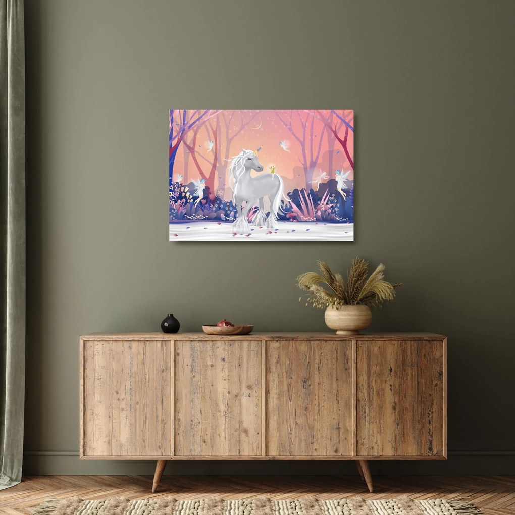 Obraz na szkle - Jednorożec w magicznym lesie (70x50 cm)