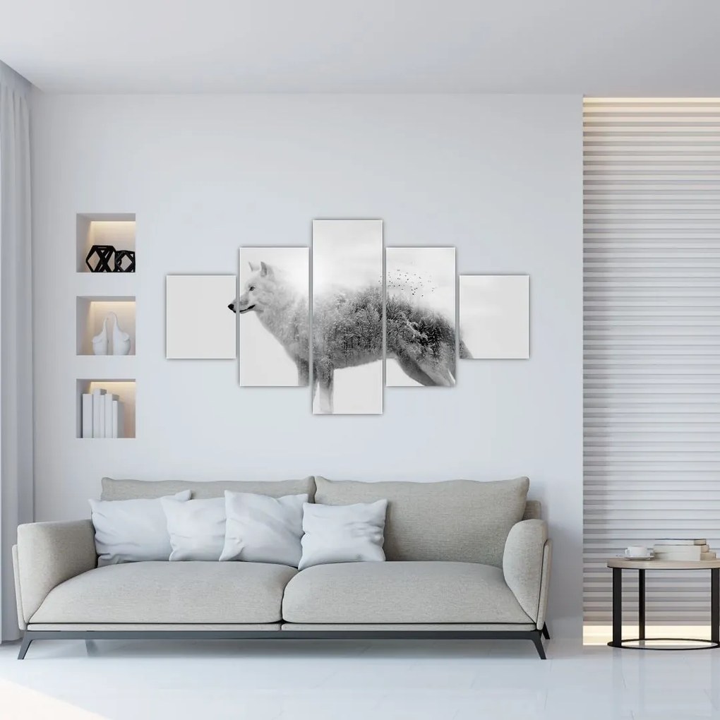 Obraz - Wilk arktyczny odzwierciedla dziki krajobraz (125x70 cm)