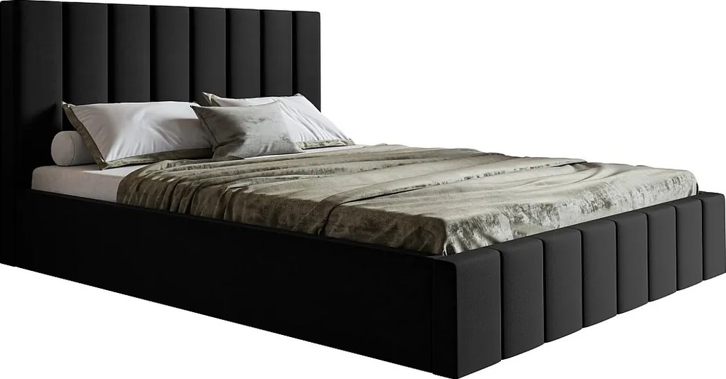 Łóżko tapicerowane 140x200 cm Moris - łóżko z pojemnikiem i stelażem metalowym - welur czarny (Jasmine 100)
