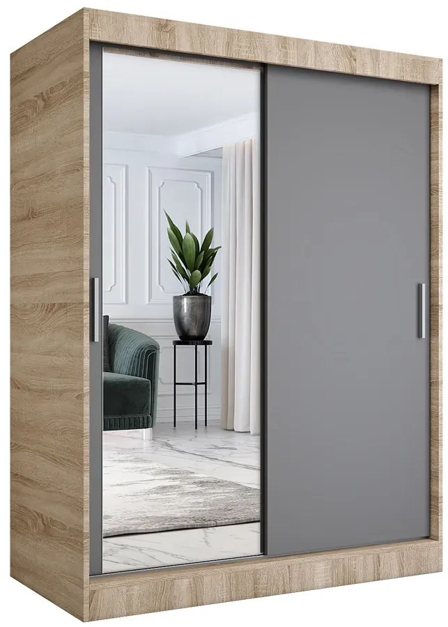 Szafa przesuwna z lustrem 150 cm dąb sonoma + antracyt - Seko 4X