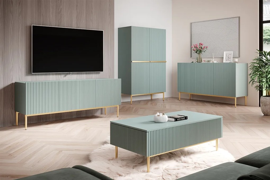 Kredens Nicole z metalowymi uchwytami i nogami 100 cm - szałwia / złote nóżki - Limitowana oferta