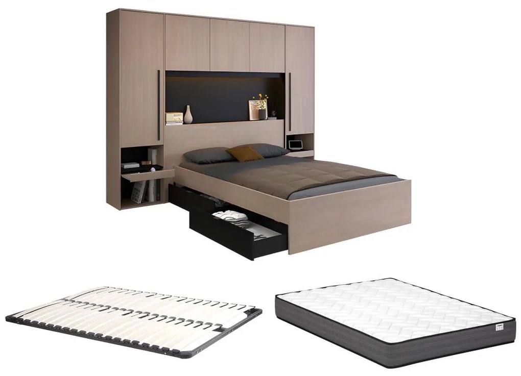 Łóżko ze schowkiem 140 x 190 cm - Z diodami LED - Kolory: naturalny i czarny + Stelaż + Materac - VELONA