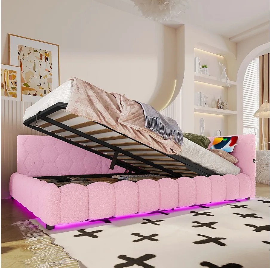 Sofa dziecięca rozkładana - 140 x 200 cm - z LED + schowek hydrauliczny + USB - welur - różowa