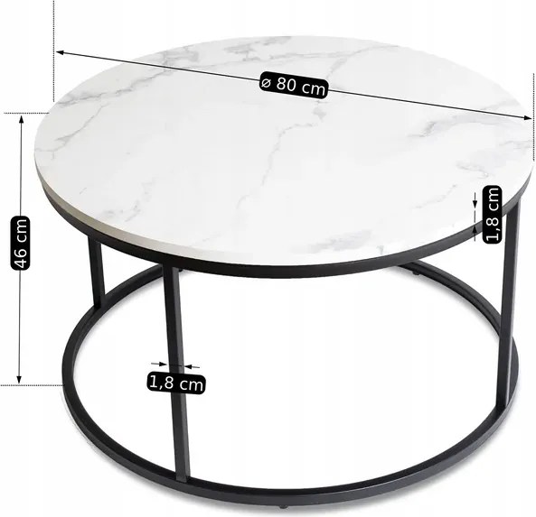 Stolik Kawowy CONNY MAX 80 cm Biały Marmur/Czarny Nowoczesny Glamour