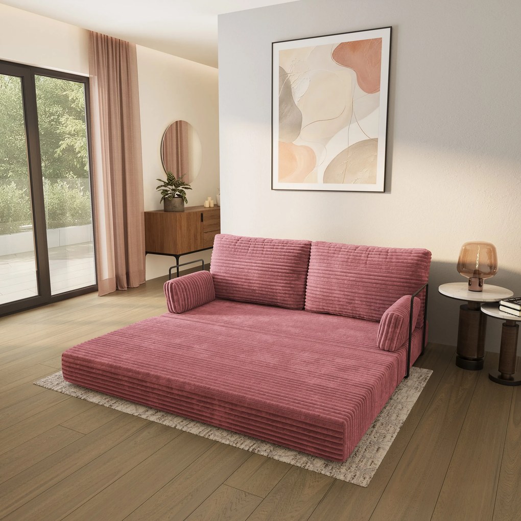 Masseno Sofa piankowa SILAR z funkcją spania, Kanapa z pianki do salonu, Bezmontażowa, Tkanina sztruksowa – Pudrowy róż TILIA 62