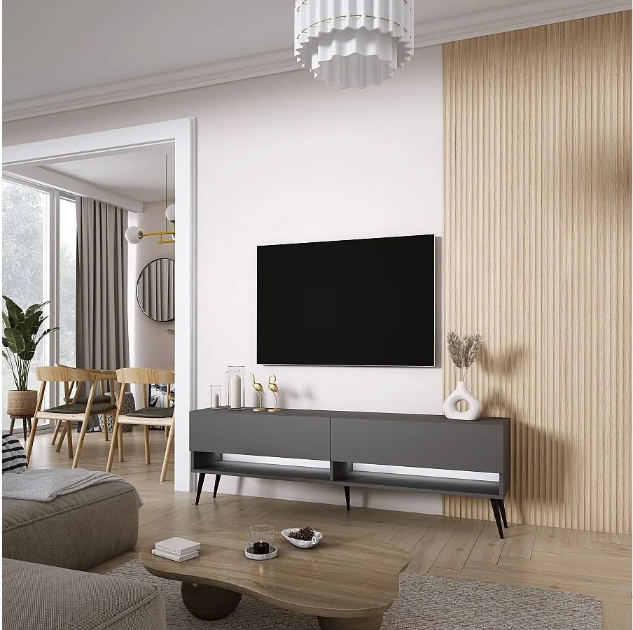 Szafka pod telewizor 170 cm Antracyt, nóżki pochyłe czarne, LED biały, 170 × 32 × 52 cm