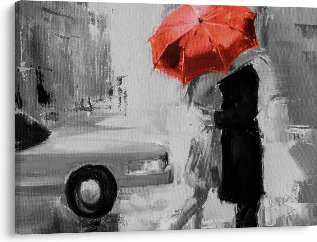 Obraz - Zakochana para pod parasolem, czerwony (70x50 cm)