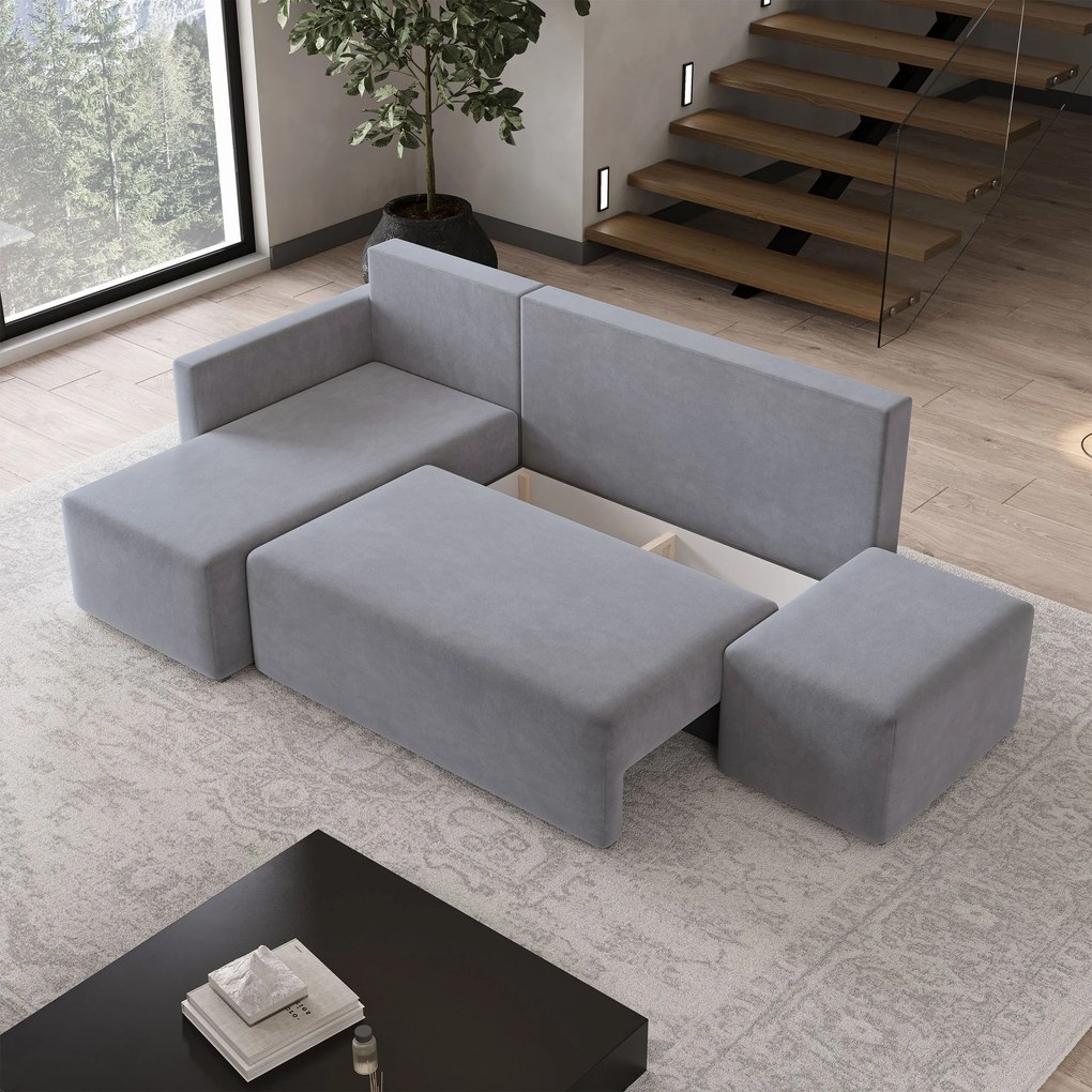Masseno Narożnik VELOTTI z funkcją spania i pojemnikiem na pościel Narozniki L, Rozkładana sofa - Szary, KRONOS 15