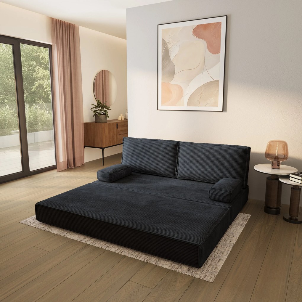 Masseno Sofa piankowa SILAR z funkcją spania, Kanapa z pianki do salonu, Bezmontażowa, Tkanina sztruksowa – Czarny POSO 135