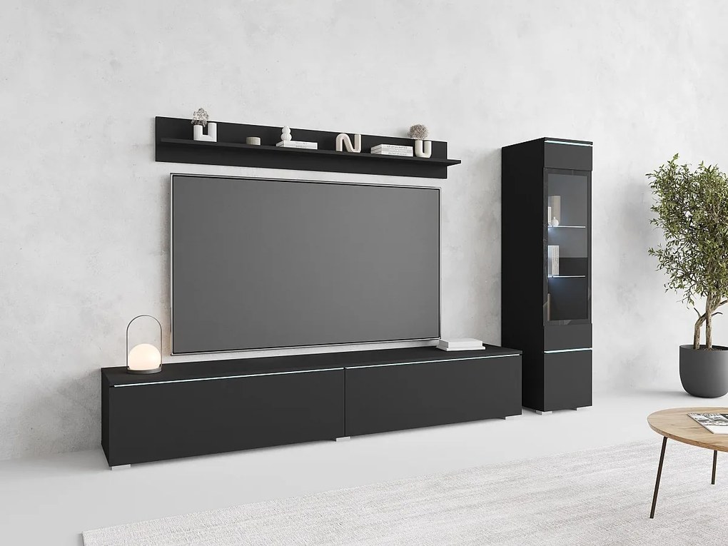 Zestaw mebli do salonu 3 elementy z LED – szafka RTV 180 cm witryna i półka, czarny mat