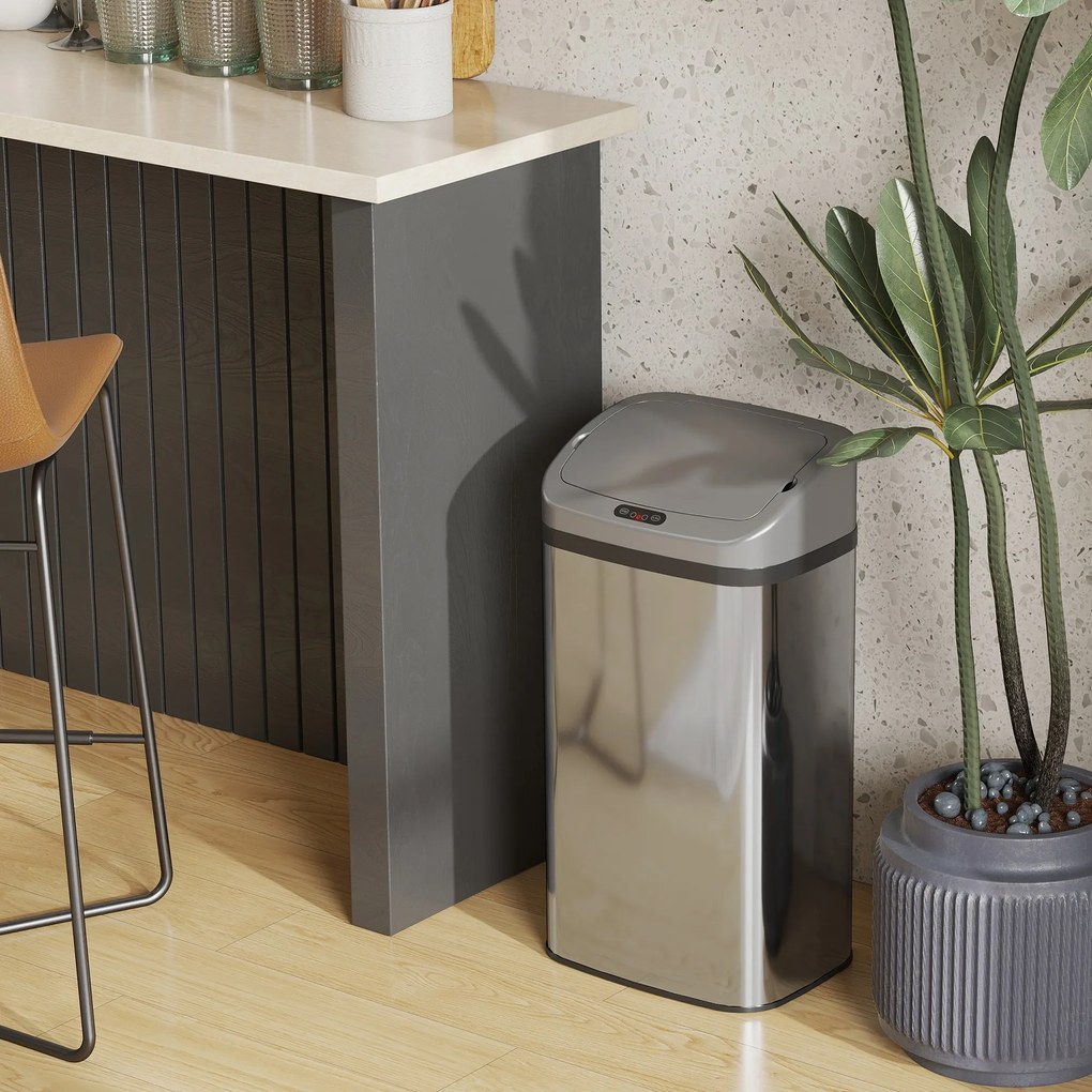 HOMCOM Kosz na śmieci 48 L z czujnikiem do kuchni lub biura, automatyczne zamykanie, stal nierdzewna, srebrny