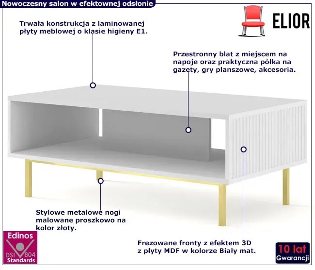 Biały stolik kawowy z lamelami glamour T5-G04