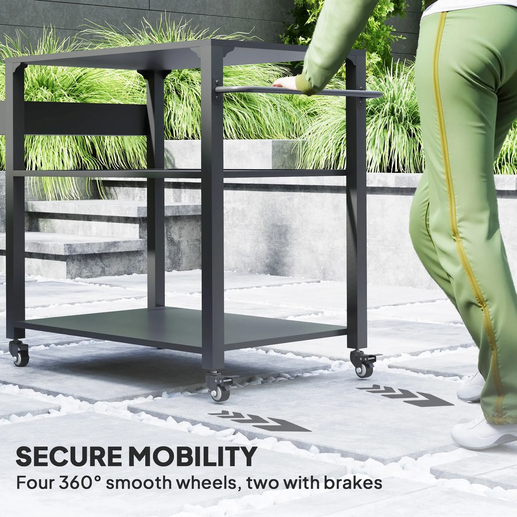 Outsunny Wyspa Kuchenna na Zewnątrz, Wózek Grillowy z Półką na Zapasy, Uchwytem, 4 Kołami, Wózek Kuchenny, Taras, Ogród, Metal, Czarny