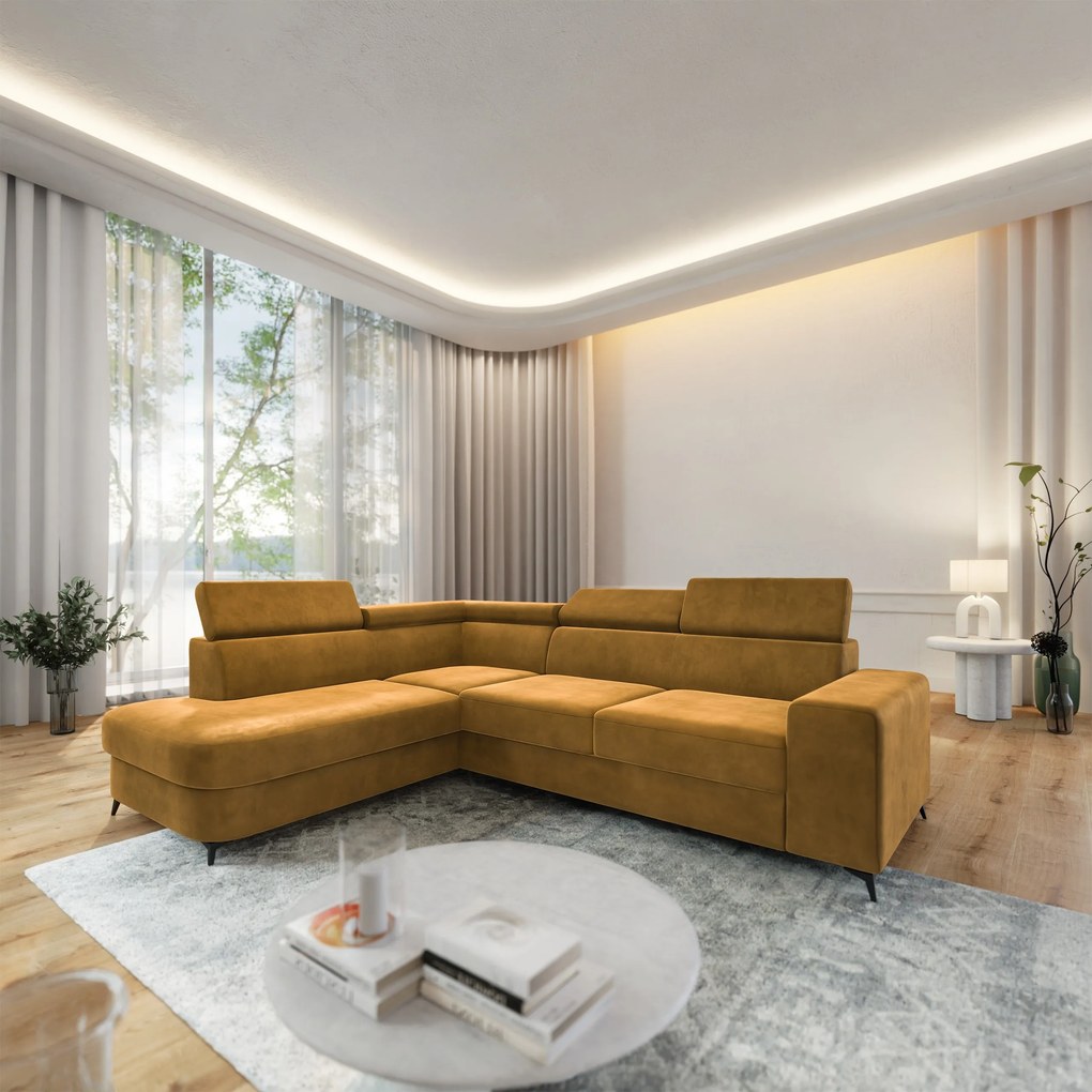Masseno Narożnik ALVORO z funkcją spania i pojemnikiem na pościel Narozniki L, Rozkładana sofa - Żółty, MONOLITH 48