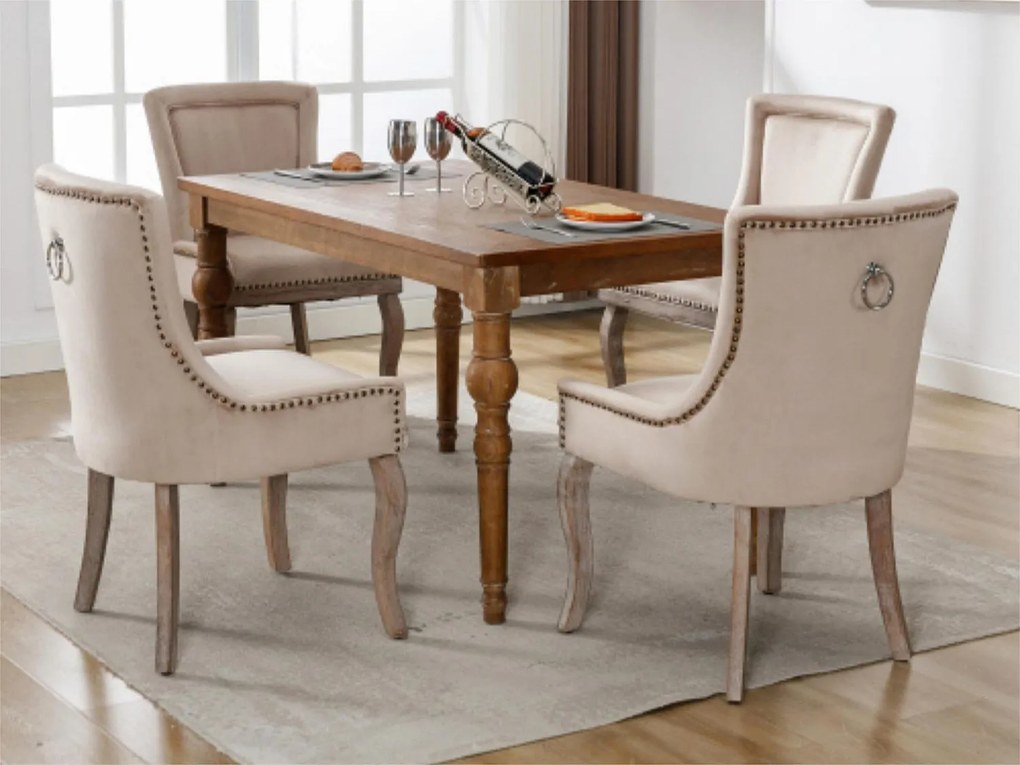 Zestaw 4 aksamitnych krzeseł - z nogami z litego drewna - beżowy