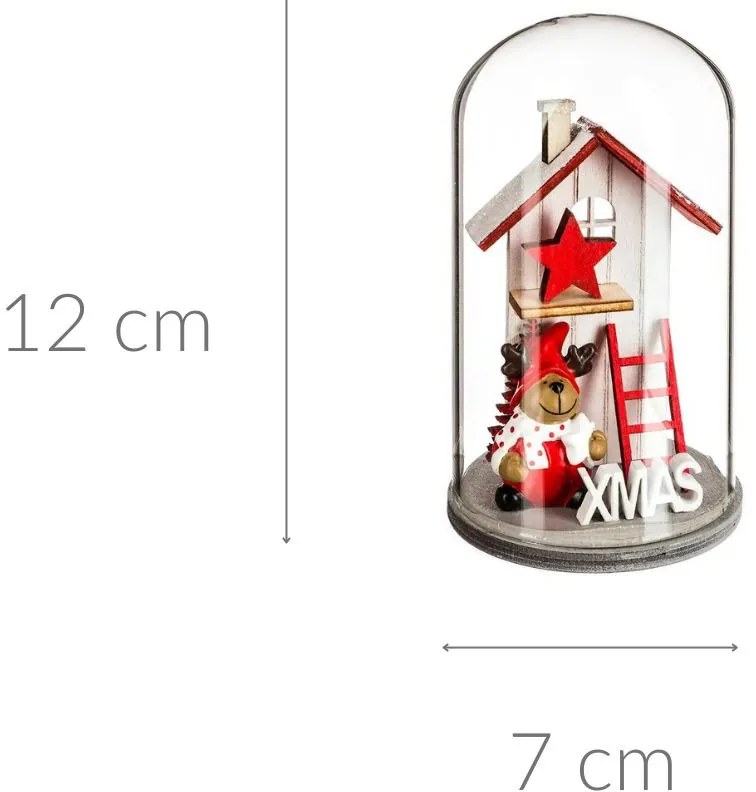 Kopuła szklana z drewnianym domkiem świątecznym, 12 cm
