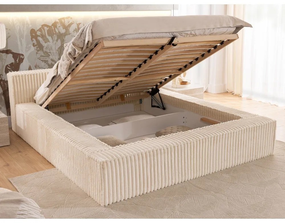 Beżowe tapicerowane łóżko dwuosobowe ze schowkiem i stelażem 140x200 cm Cloe – Ropez