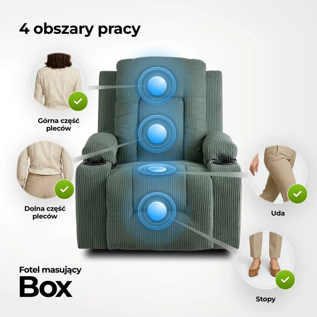 Fotel Masujący BOX Rozkładany Wypoczynkowy z Podnóżkiem Zielony Sztruksowy Nowoczesny
