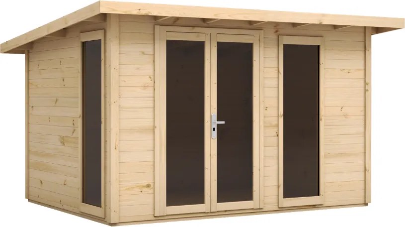 DREWNIANY DOMEK 344,4 x 244,4 cm OGRODOWY KARMNIK ZE ŚWIERKU – SCHOWEK NA NARZĘDZIA Z OKNAMI I PRZESZKLONYMI DRZWIAMI