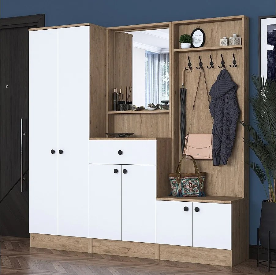 Komoda do przedpokoju – 179,4 x 182,8 x 37,5 cm – Kolor biały i orzechowy – Płyta wiórowa E1 pokryta melaminą
