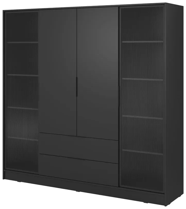 Szafa uchylna - czterodrzwiowa z szufladami, szkło mleczne - Kevis 4D | czarny mat